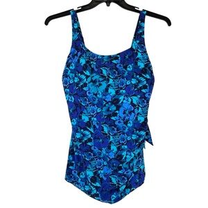 L.L. Bean One Piece Swimsuit Floral Blue Aqua 40+ UPF Protection Sz 16